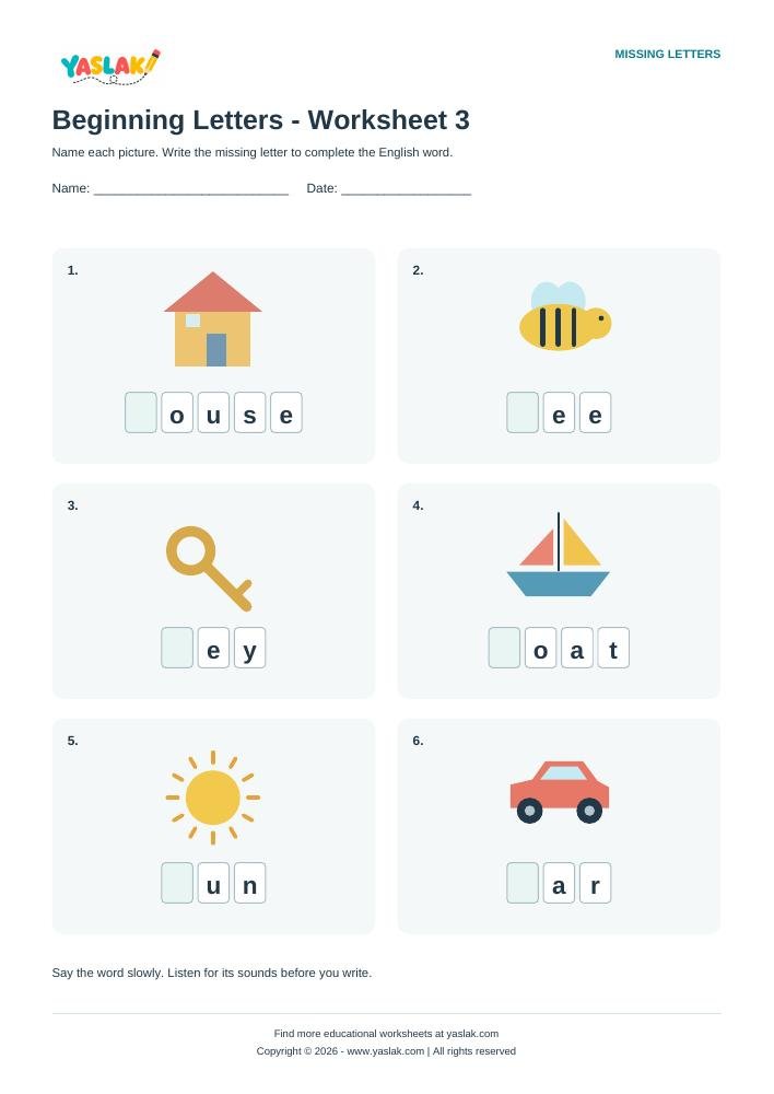 Beginning Letters - Worksheet 3 colour missing-letter worksheet with YASLAK logo and copyright