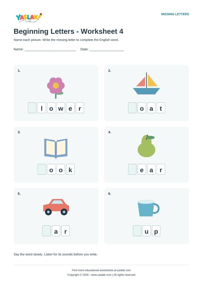 Beginning Letters - Worksheet 4 colour missing-letter worksheet with YASLAK logo and copyright