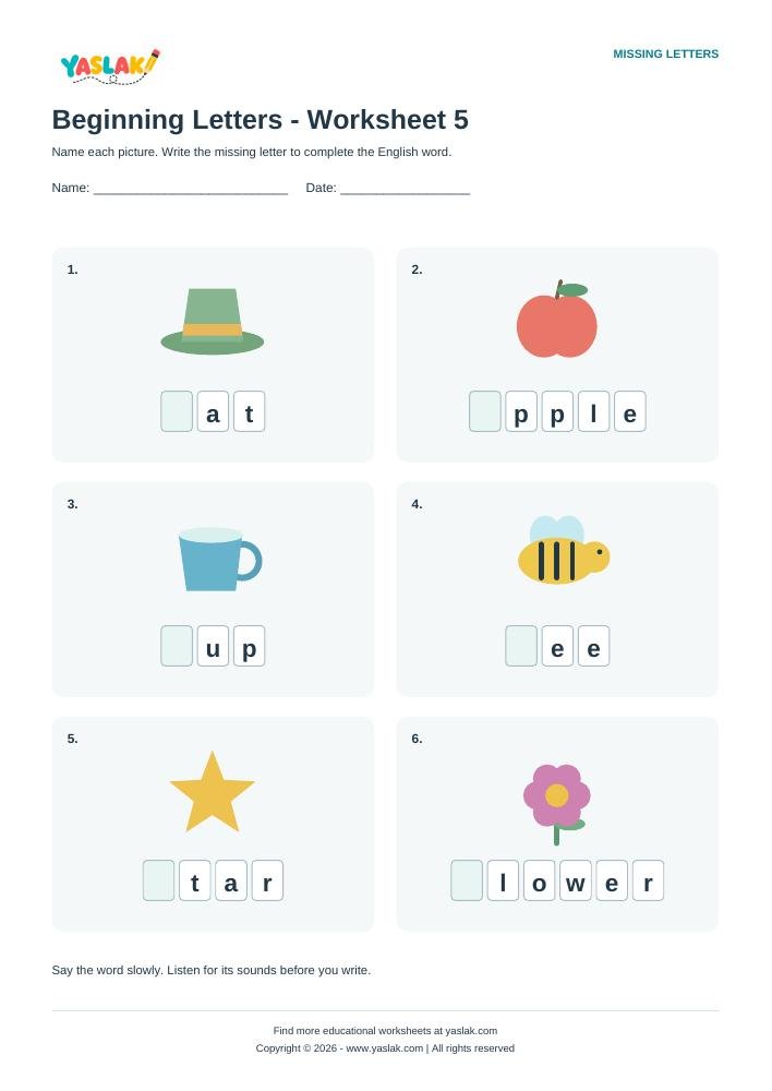 Beginning Letters - Worksheet 5 colour missing-letter worksheet with YASLAK logo and copyright