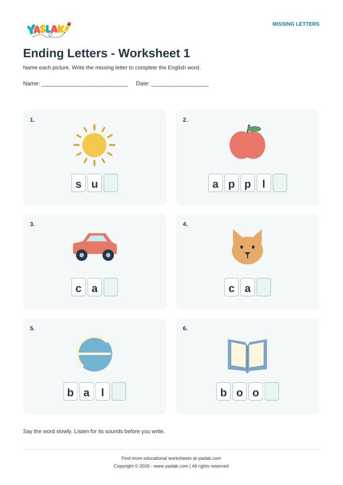 Ending Letters - Worksheet 1 colour missing-letter worksheet with YASLAK logo and copyright