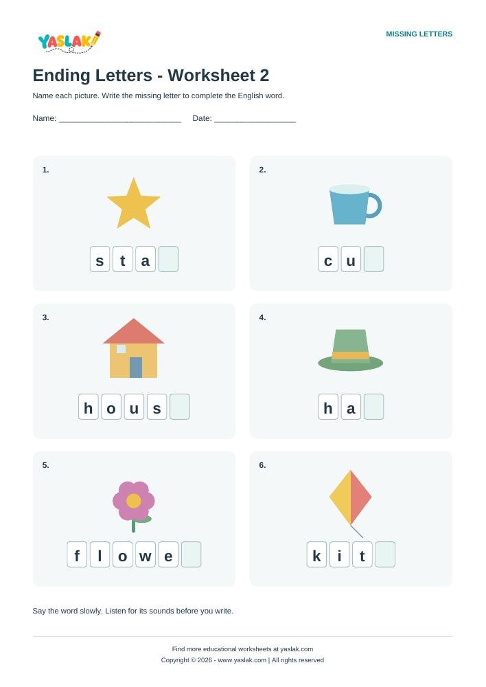 Ending Letters - Worksheet 2 colour missing-letter worksheet with YASLAK logo and copyright