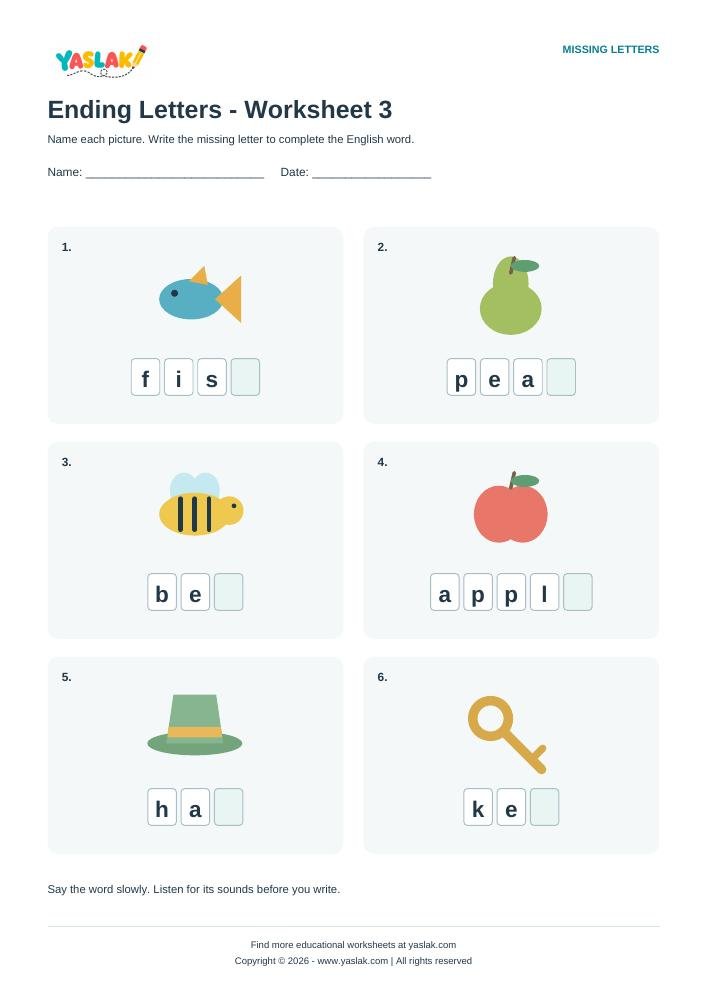 Ending Letters - Worksheet 3 colour missing-letter worksheet with YASLAK logo and copyright