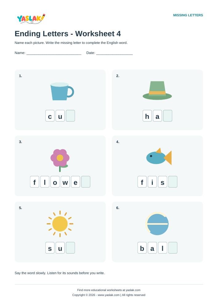 Ending Letters - Worksheet 4 colour missing-letter worksheet with YASLAK logo and copyright