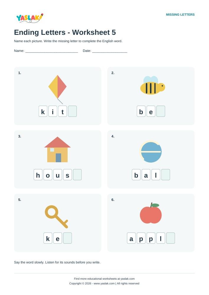 Ending Letters - Worksheet 5 colour missing-letter worksheet with YASLAK logo and copyright