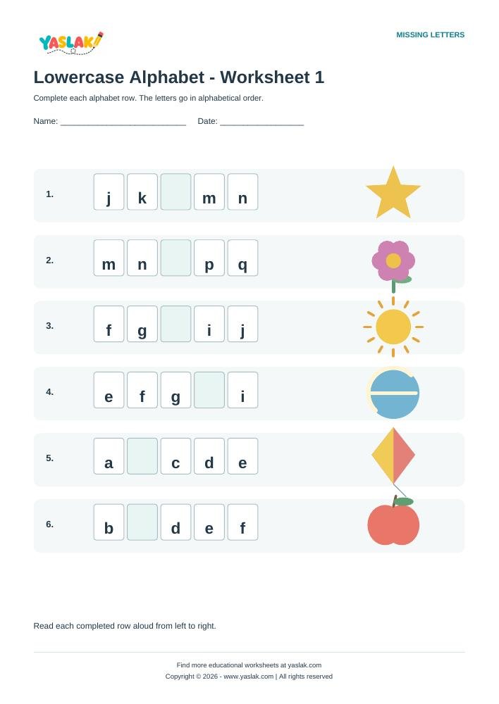 Lowercase Alphabet - Worksheet 1 colour missing-letter worksheet with YASLAK logo and copyright