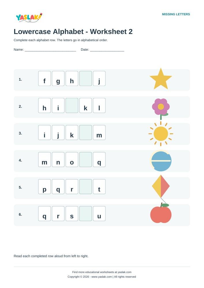 Lowercase Alphabet - Worksheet 2 colour missing-letter worksheet with YASLAK logo and copyright