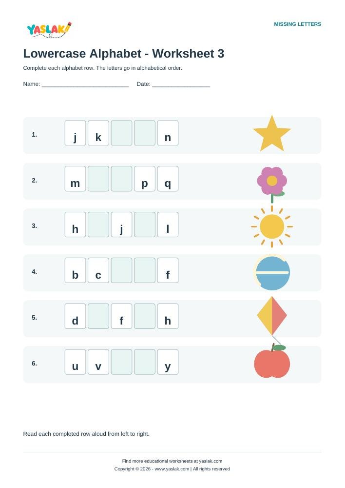 Lowercase Alphabet - Worksheet 3 colour missing-letter worksheet with YASLAK logo and copyright