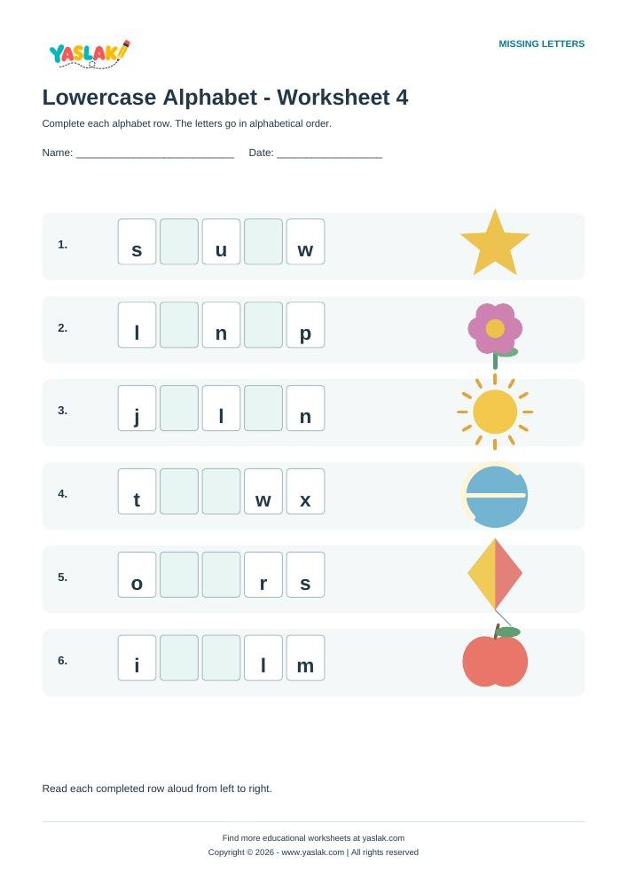 Lowercase Alphabet - Worksheet 4 colour missing-letter worksheet with YASLAK logo and copyright