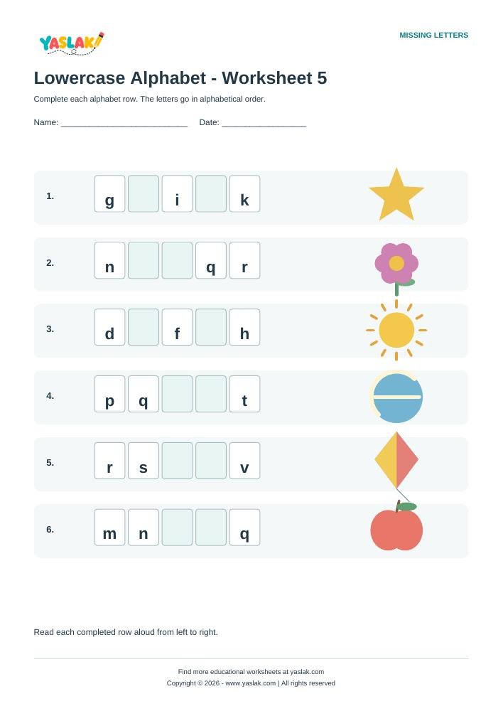 Lowercase Alphabet - Worksheet 5 colour missing-letter worksheet with YASLAK logo and copyright