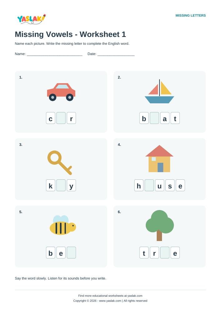 Missing Vowels - Worksheet 1 colour missing-letter worksheet with YASLAK logo and copyright