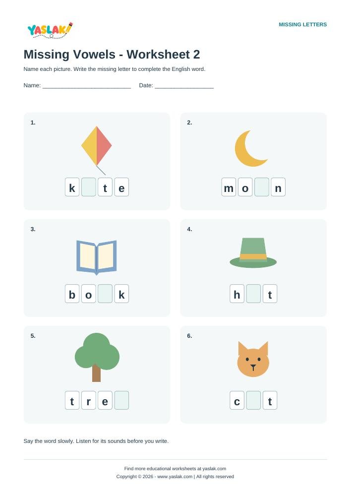 Missing Vowels - Worksheet 2 colour missing-letter worksheet with YASLAK logo and copyright