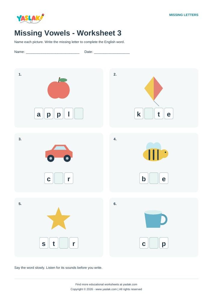 Missing Vowels - Worksheet 3 colour missing-letter worksheet with YASLAK logo and copyright