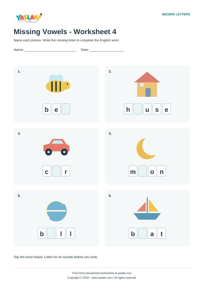 Missing Vowels - Worksheet 4 colour missing-letter worksheet with YASLAK logo and copyright