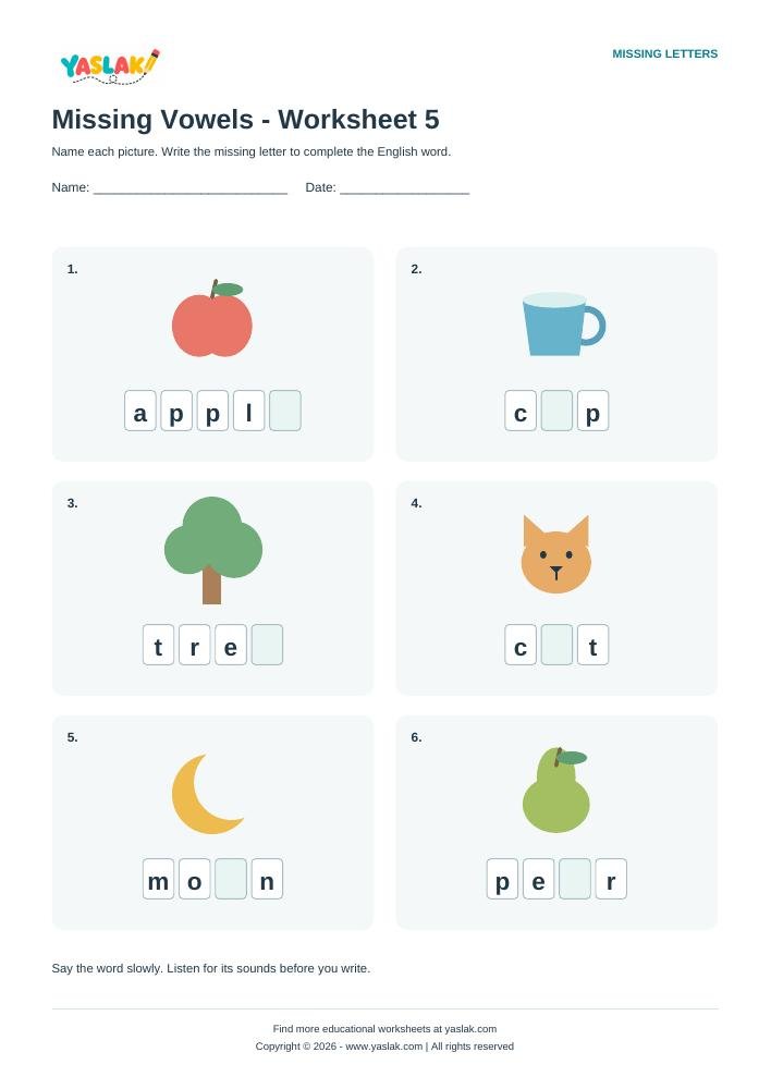 Missing Vowels - Worksheet 5 colour missing-letter worksheet with YASLAK logo and copyright