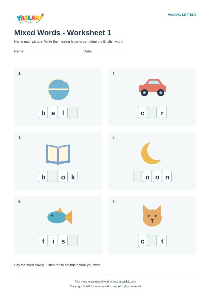 Mixed Words - Worksheet 1 colour missing-letter worksheet with YASLAK logo and copyright