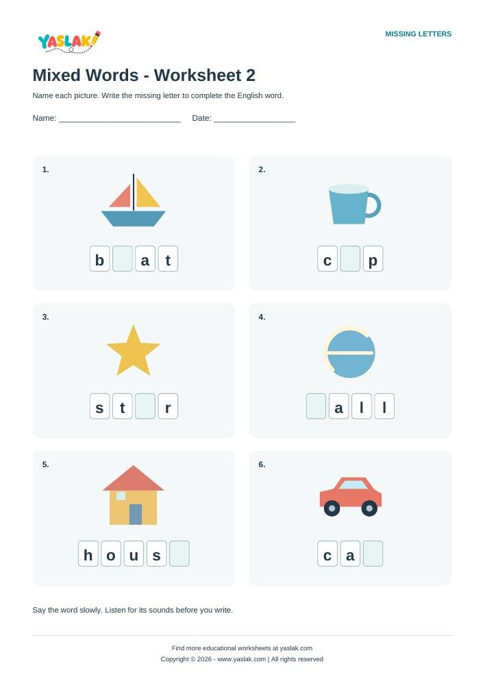 Mixed Words - Worksheet 2 colour missing-letter worksheet with YASLAK logo and copyright