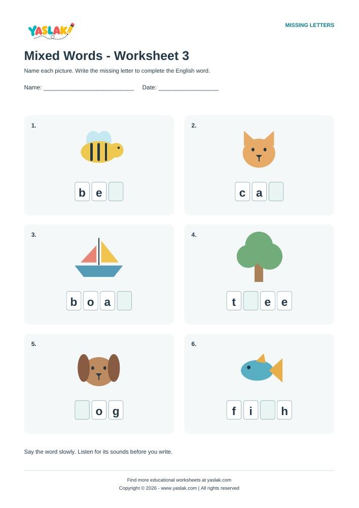 Mixed Words - Worksheet 3 colour missing-letter worksheet with YASLAK logo and copyright