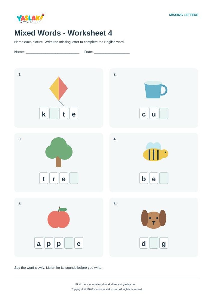 Mixed Words - Worksheet 4 colour missing-letter worksheet with YASLAK logo and copyright