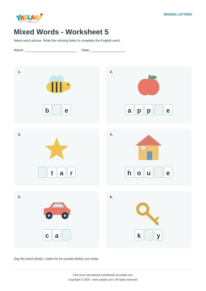 Mixed Words - Worksheet 5 colour missing-letter worksheet with YASLAK logo and copyright