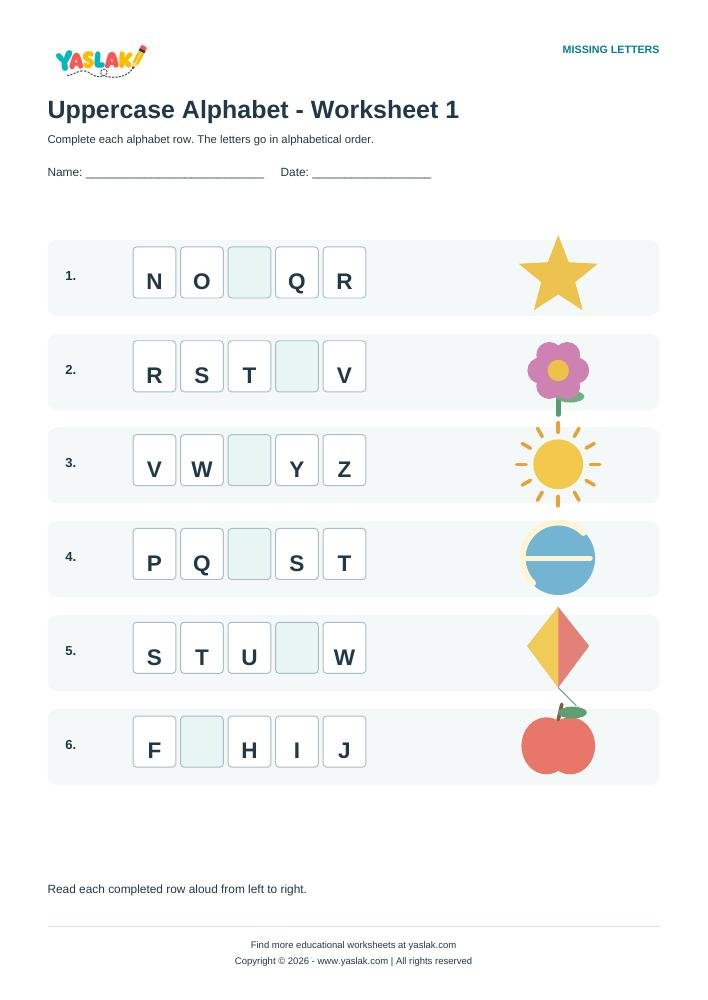 Uppercase Alphabet - Worksheet 1 colour missing-letter worksheet with YASLAK logo and copyright