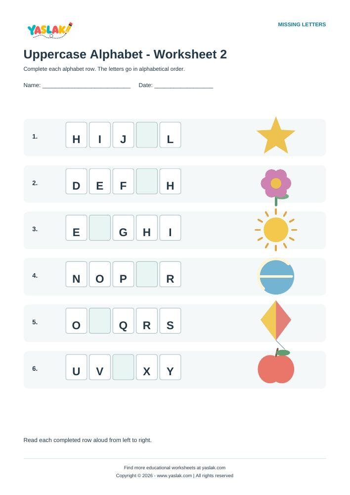 Uppercase Alphabet - Worksheet 2 colour missing-letter worksheet with YASLAK logo and copyright