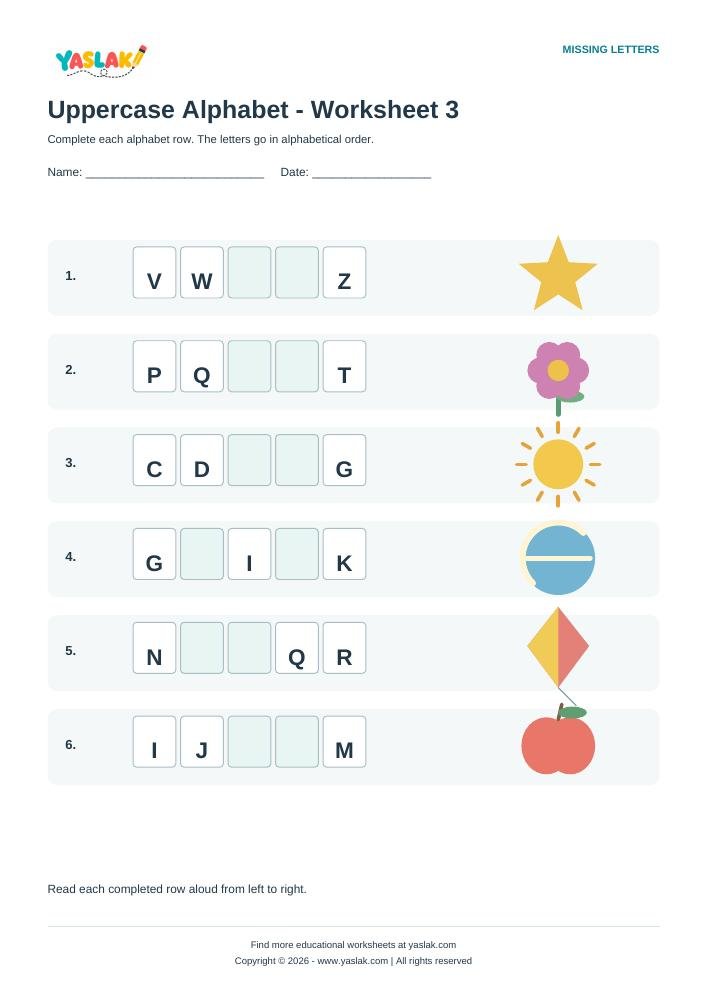 Uppercase Alphabet - Worksheet 3 colour missing-letter worksheet with YASLAK logo and copyright
