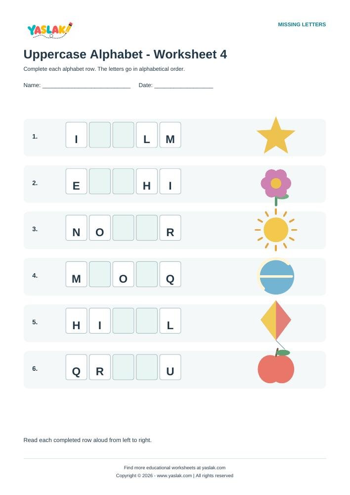 Uppercase Alphabet - Worksheet 4 colour missing-letter worksheet with YASLAK logo and copyright