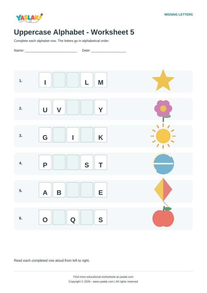 Uppercase Alphabet - Worksheet 5 colour missing-letter worksheet with YASLAK logo and copyright