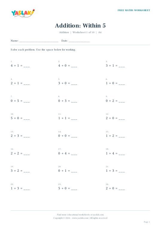 Addition: Within 5 worksheet preview with YASLAK logo