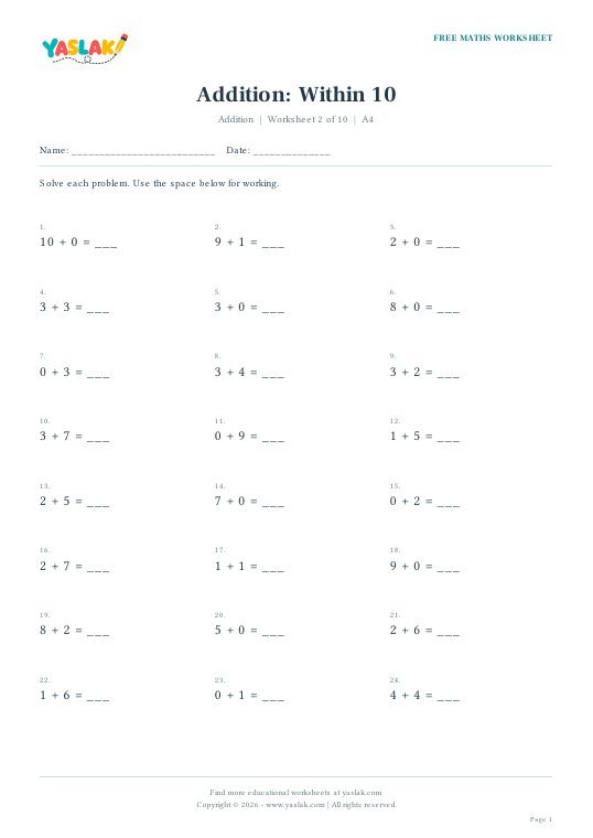 Addition: Within 10 worksheet preview with YASLAK logo