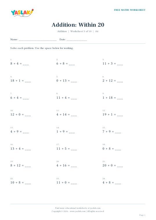 Addition: Within 20 worksheet preview with YASLAK logo