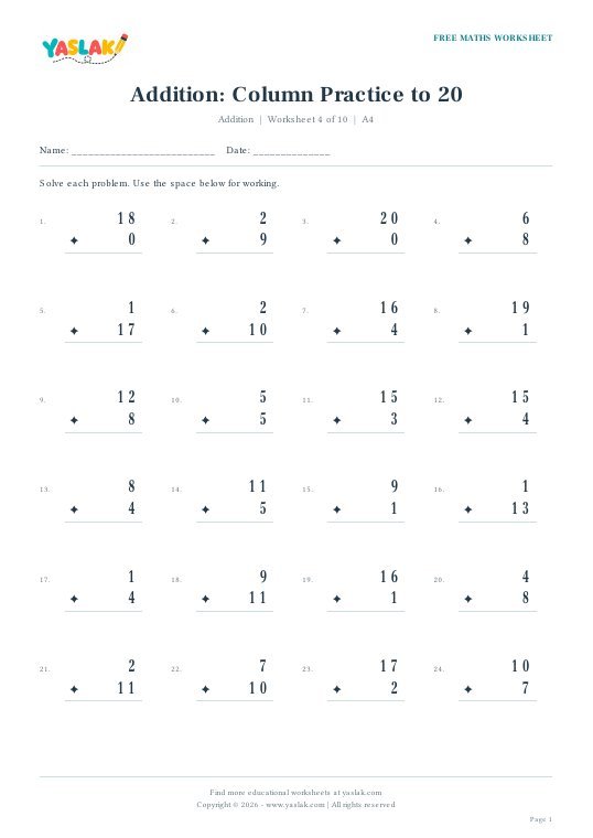 Addition: Column Practice to 20 worksheet preview with YASLAK logo