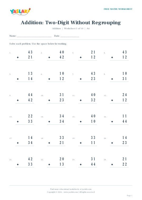 Addition: Two-Digit Without Regrouping worksheet preview with YASLAK logo