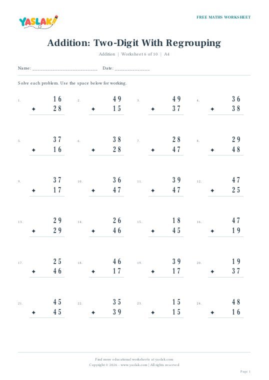 Addition: Two-Digit With Regrouping worksheet preview with YASLAK logo