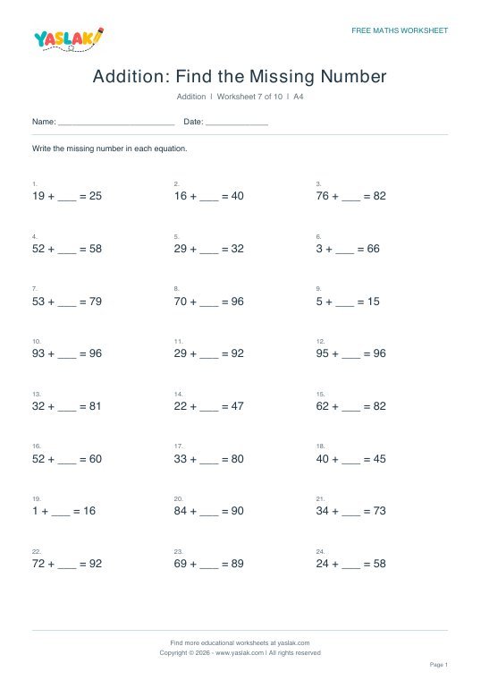 Addition: Find the Missing Number worksheet preview with YASLAK logo