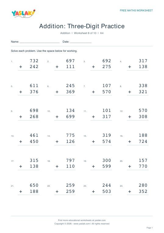Addition: Three-Digit Practice worksheet preview with YASLAK logo