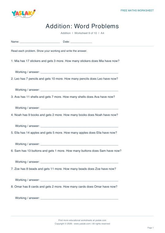 Addition: Word Problems worksheet preview with YASLAK logo