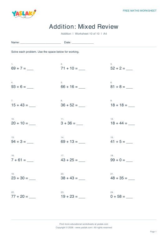Addition: Mixed Review worksheet preview with YASLAK logo