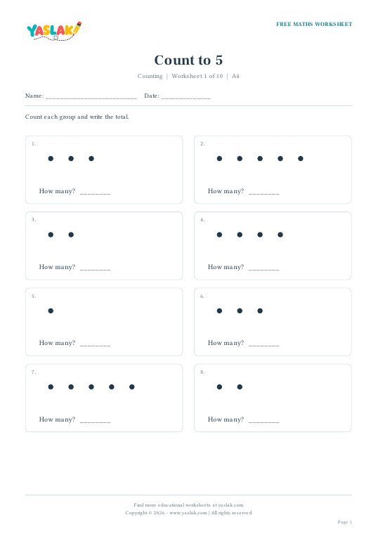 Count to 5 worksheet preview with YASLAK logo