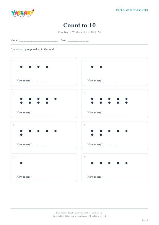Count to 10 worksheet preview with YASLAK logo