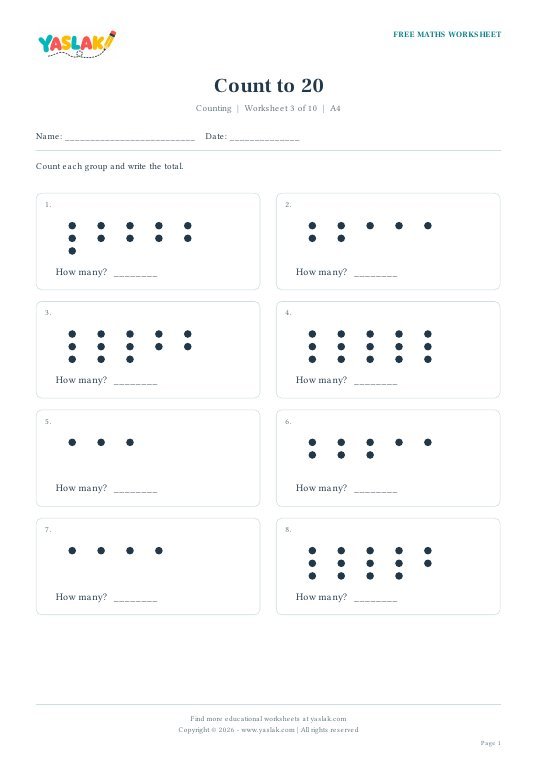Count to 20 worksheet preview with YASLAK logo