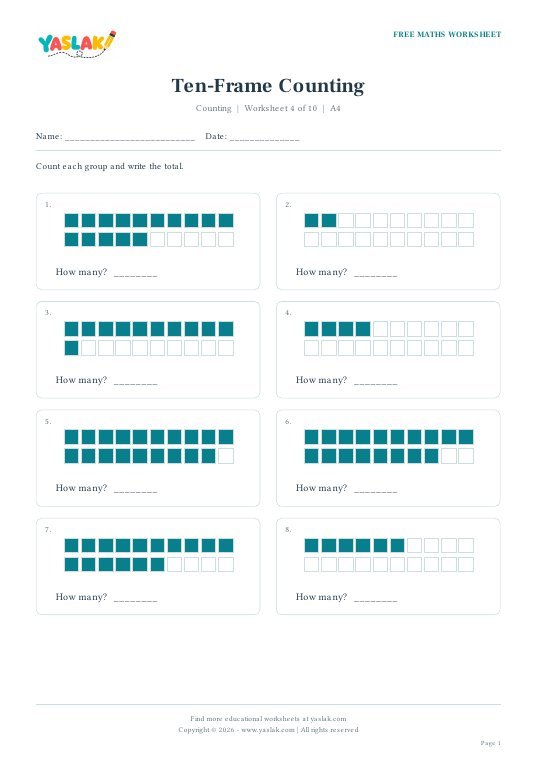 Ten-Frame Counting worksheet preview with YASLAK logo