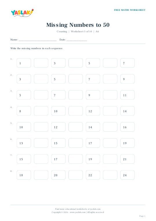 Missing Numbers to 50 worksheet preview with YASLAK logo