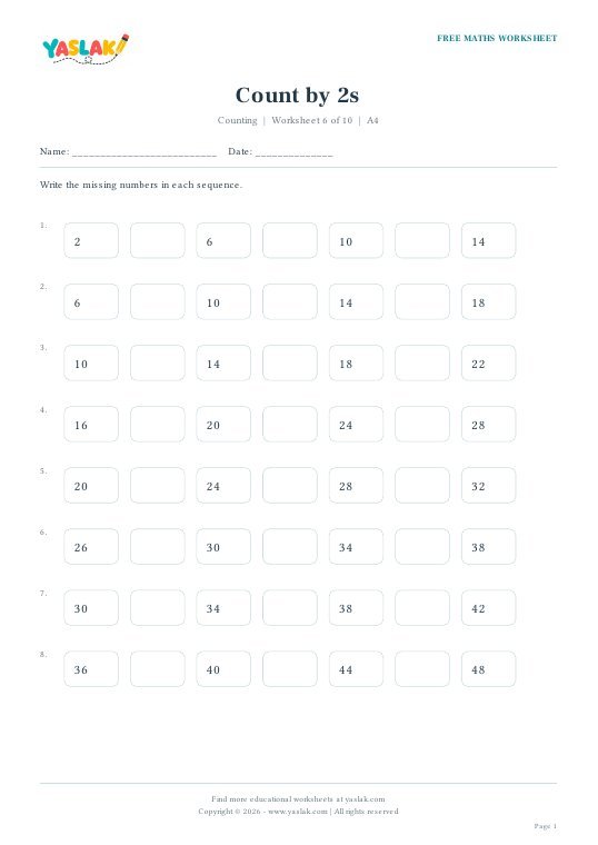 Count by 2s worksheet preview with YASLAK logo