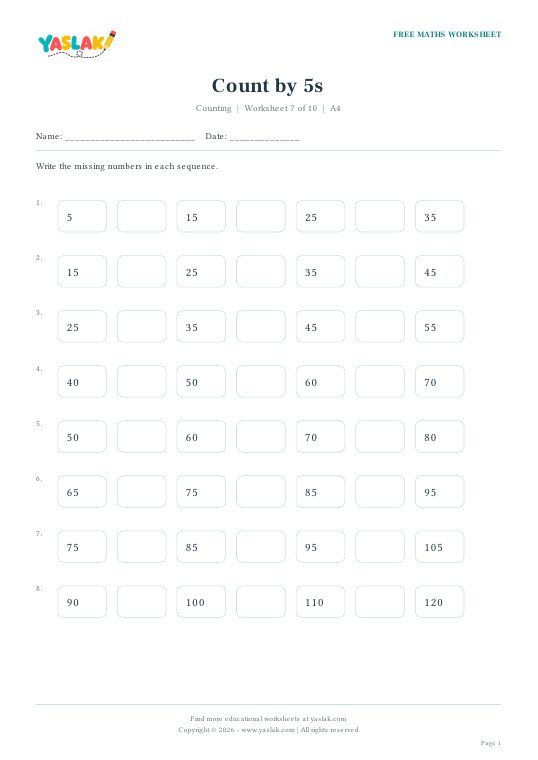 Count by 5s worksheet preview with YASLAK logo