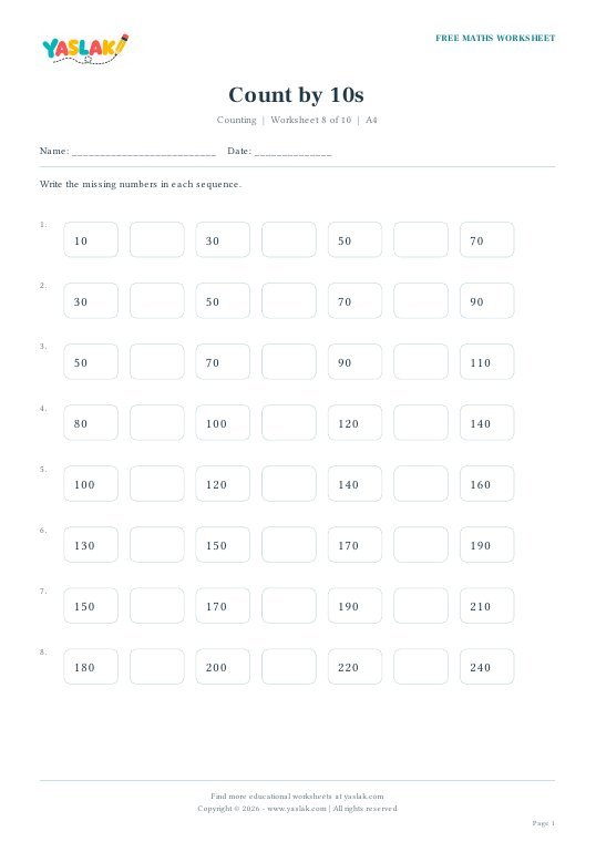 Count by 10s worksheet preview with YASLAK logo