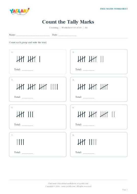 Count the Tally Marks worksheet preview with YASLAK logo
