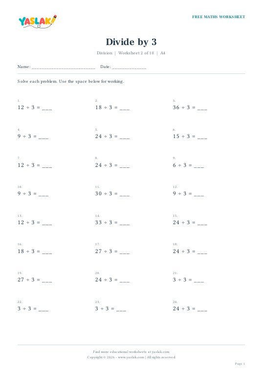 Divide by 3 worksheet preview with YASLAK logo