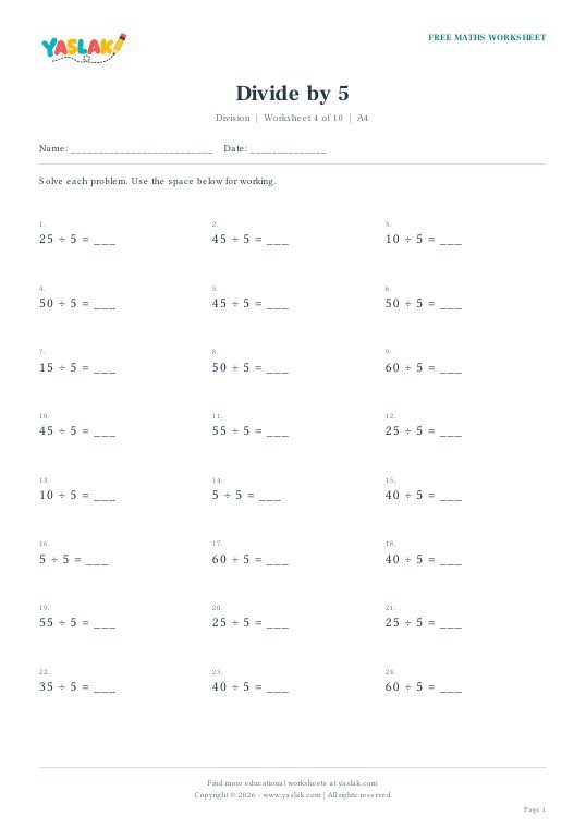 Divide by 5 worksheet preview with YASLAK logo