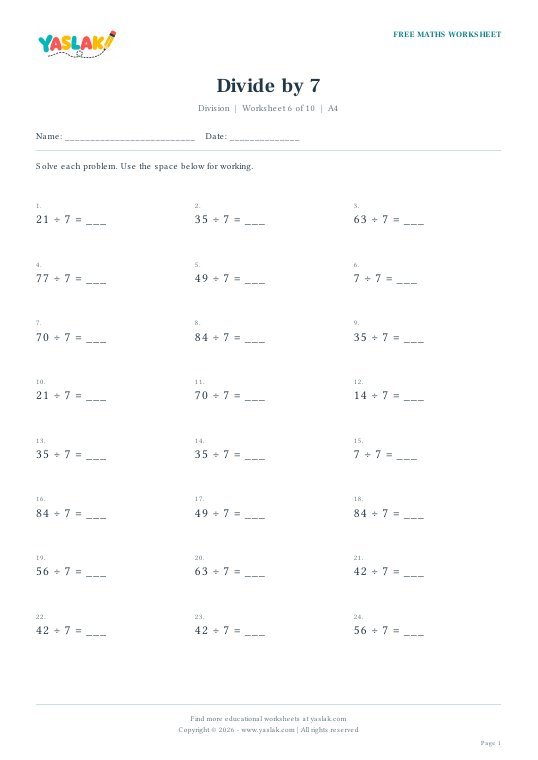 Divide by 7 worksheet preview with YASLAK logo